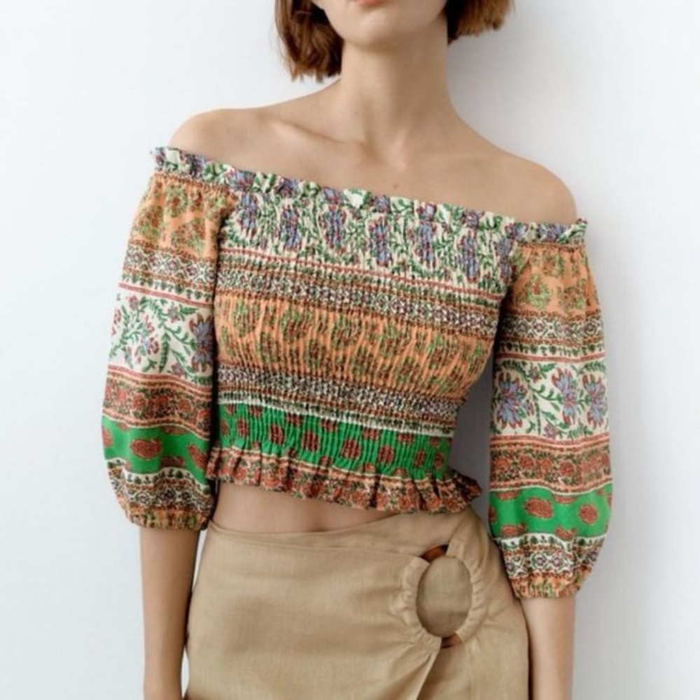 Zara Linen Blended Smocked Off Should Top